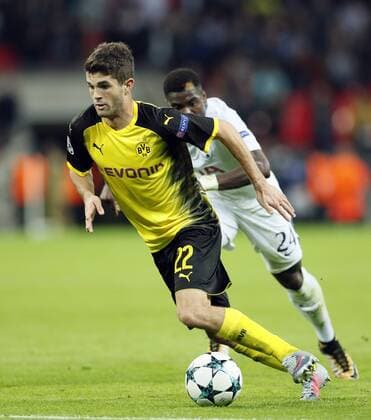 Dortmund s Christian Pulisic in action during the champions league match at Wembley Stadium, London. Picture date 13th September 2017. Picture credit should read: David Klein Sportimage EDITORIAL USE ONLY. No use with unauthorised audio, video, data, fixture lists, club league logos or live services. Online in-match use limited to 120 images, no video emulation. No use in betting, games or single club league player publications.