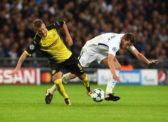 September 13, 2017 - London, England, United Kingdom - Andriy Yarmolenko Dortmund holds of Tottenham Hotspur s Jan Vertonghen.during Champion League Group H match between Tottenham Hotspur against Borussia Dortmund at Wembley stadium, London, UK on 13 Sepember 2017. Tottenham won the game 3-1. Tottenham Hotspur v Borussia Dortmund - UEFA Champions League  - ZUMAn230 20170913_zaa_n230_475 Copyright: xKieranxGalvinx