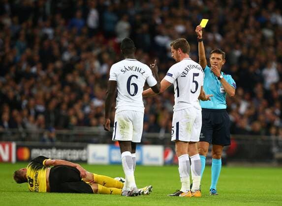 September 13, 2017 - London, England, United Kingdom - Tottenham Hotspur s Jan Vertonghen gets a yellow card.during Champion League Group H match between Tottenham Hotspur against Borussia Dortmund at Wembley stadium, London, UK on 13 Sepember 2017. Tottenham won the game 3-1. Tottenham Hotspur v Borussia Dortmund - UEFA Champions League  - ZUMAn230 20170913_zaa_n230_476 Copyright: xKieranxGalvinx
