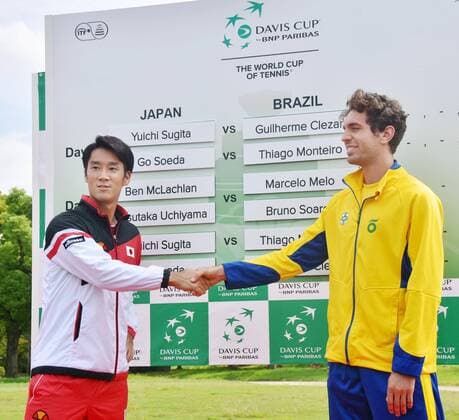 Tennis: Draw for Japan-Brazil Davis Cup World Group playoff tie Japan s Yuichi Sugita (L) and Guilherme Clezar of Brazil shake hands in Osaka on Sept. 14, 2017, as the official draw was made for their Davis Cup World Group playoff tie starting the following day. The two will meet in the first match. 