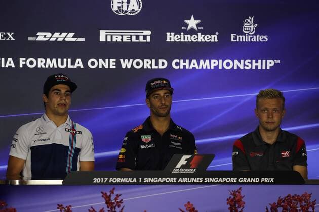 Singapore Grand Prix 14 - 17 September 2017 14.09.2017 - press conference PK Pressekonferenz Lance Stroll (CDN) Williams FW40, Daniel Ricciardo (AUS) Red Bull Racing RB13 and Kevin Magnussen (DEN) Haas F1 Team VF-17 