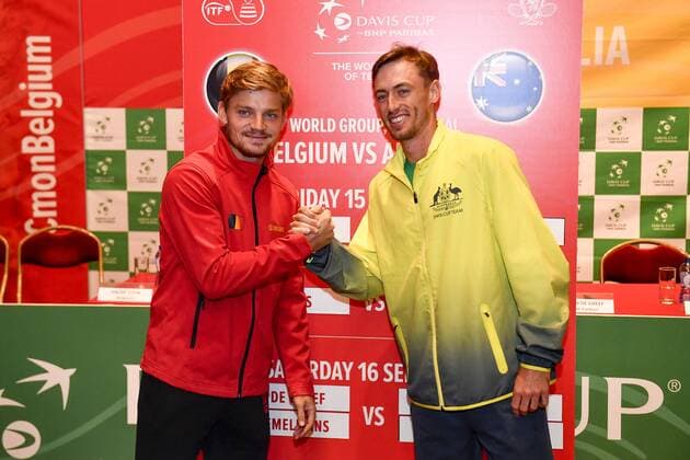 Belgian David Goffin and Australian John Millman shake hands at the draw of the schedule for the Davis Cup World Group semi-final between Belgium and Australia, Thursday 14 September 2017, in Brussels. The Davis Cup game will be played from 15 to 17 September 2017 in Brussels. DIRKxWAEM  x05164371x