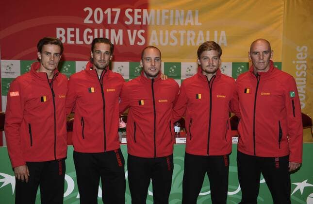 BRUSSELS, BELGIUM - SEPTEMBER 14 : Belgian team De Greef Bemelmans Darcis Goffin and Van Herck during the draw prior to the Davis Cup World Group Semifinal match between Belgium and Australia on September 14, 2017 in Brussels, Belgium, 14 09 2017 TENNIS : Tirage Au Sort Coupe Davis Belgique - Australie - Bruxelles - 14 09 2017 PhotoNews Panoramic 