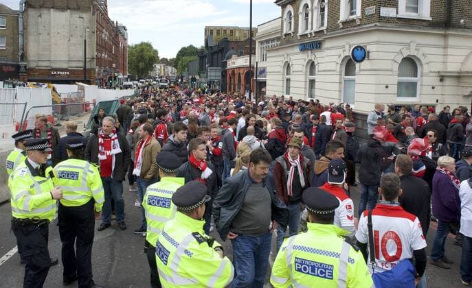 Arsenal v FC Cologne UEFA Champions League Police have to close the road at Highbury corner and Highbury Place due to FC Cologne fans before the UEFA Champions League match at the Emirates Stadium, London Content Not Available For UK Newspapers Copyright: xAlanxStanfordx FIL-10666-0005