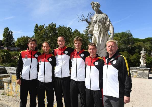 2017 Davis Cup Worldgroup Playoffs Portugal Germany Lisbon Portugal German team From left Captain Michael Kohlmann Tim Puetz Jan Lennard STRUFF Yannik Hanfmann Cedrik Marcel Stebe Boris Becker Head of Mens Tennis DTB