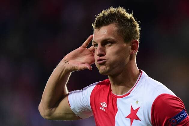 Tomas Necid of Slavia celebrates a goal during the Football Europa League 1st round group A match: Slavia Praha vs Maccabi Tel Aviv in Prague, Czech Republic, September 14, 2017. (CTKxPhoto MichalxKamaryt) CTKPhotoP201709140914801  KMT_8211
