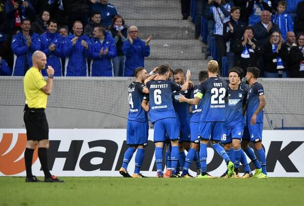 goal to 1 0 through Sandro Wagner TSG 1899 Hoffenheim goal celebration with Referees Referee Bobby Madden SCO TSG 1899 Hoffenheim vs Sporting SC Braga Europe League 14 09 2017 TSG 1899 Hoffenheim vs Sporting SC Braga