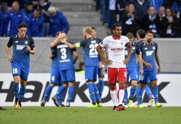 goal to 1 0 through Sandro Wagner TSG 1899 Hoffenheim goal celebration Disappointment at Marcelo Goiano Sporting Braga TSG 1899 Hoffenheim vs Sporting SC Braga Europe League 14 09 2017 TSG 1899 Hoffenheim vs Sporting SC Braga
