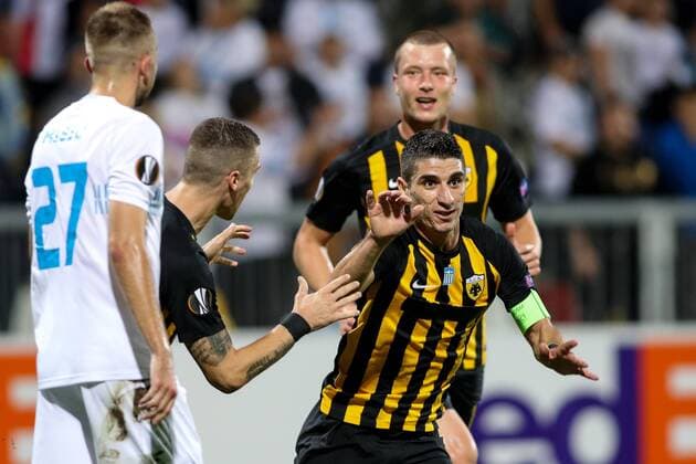 SOCCER - EL, Rijeka vs Athens RIJEKA,CROATIA,14.SEP.17 - SOCCER - UEFA Europa League, group stage, HNK Rijeka vs AEK Athens. Image shows the rejoicing of Petros Mantalos (Athens). GEPAxpictures xMaticxKlansek