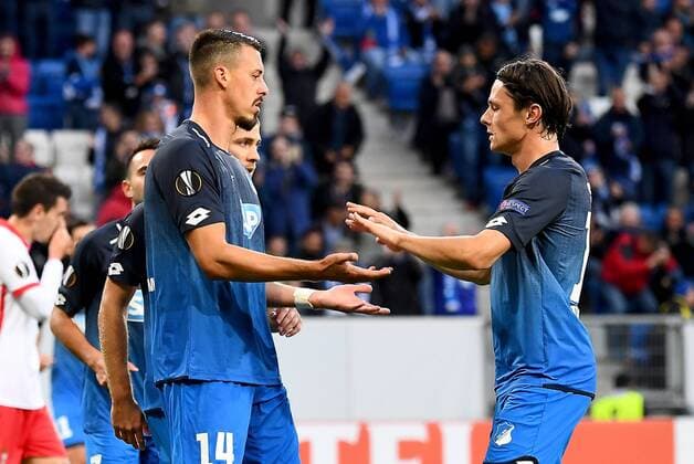 14 09 2017 xfux Football Europe League TSG 1899 Hoffenheim Sporting Braga emspor v l Sandro Wagner 1899 Hoffenheim Nico Schulz 1899 Hoffenheim goal celebration Goal Celebration Celebrate The Goal to 1 0 Sinsheim