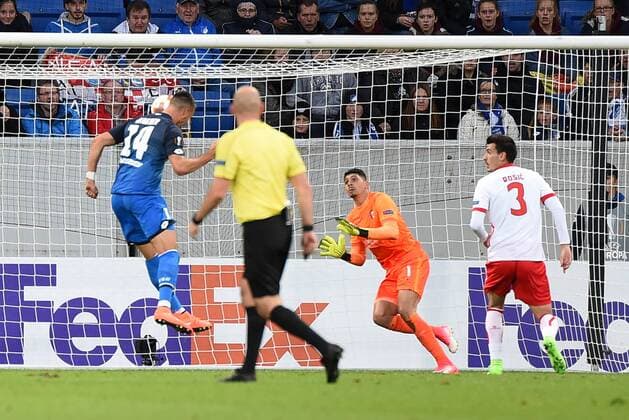 Sandro Wagner TSG 1899 Hoffenheim reached the 1 0 Goalkeeper Matheus Lima Magalhaes Sporting Braga Germany Sinsheim Sports Football UEFA Europe League Matchday 1 TSG 1899 Hoffenheim vs Sporting Braga at 14 09 2017 Rhine Neckar Arena