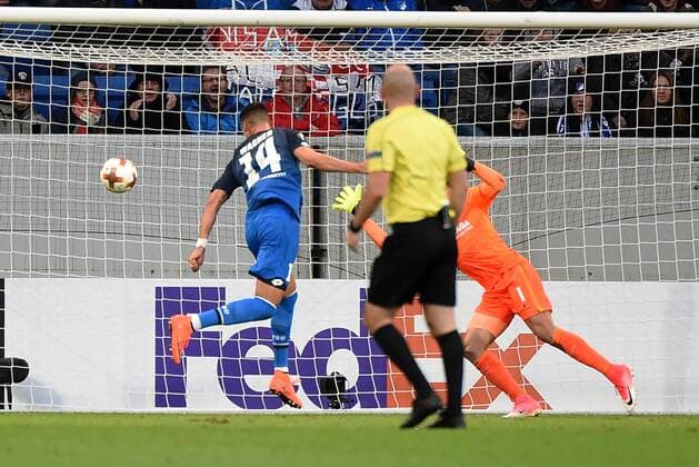 Sandro Wagner TSG 1899 Hoffenheim reached the 1 0 Goalkeeper Matheus Lima Magalhaes Sporting Braga Germany Sinsheim Sports Football UEFA Europe League Matchday 1 TSG 1899 Hoffenheim vs Sporting Braga at 14 09 2017 Rhine Neckar Arena