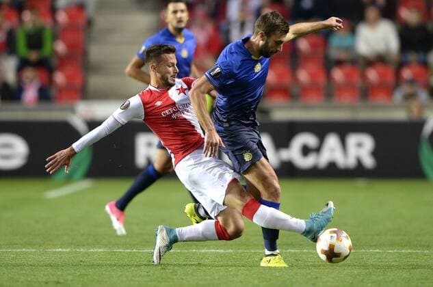 From left JAKUB HROMADA of Slavia and TINO-SVEN SUSIC of Maccabi in action during the Football Europa League 1st round group A match: Slavia Praha vs Maccabi Tel Aviv in Prague, Czech Republic, September 14, 2017. (CTKxPhoto KaterinaxSulova) CTKPhotoP201709140952801  suk1