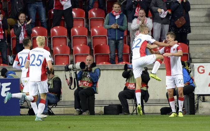 Tomas Necid (right) of Slavia in action during the Football Europa League 1st round group A match: Slavia Praha vs Maccabi Tel Aviv in Prague, Czech Republic, September 14, 2017. (CTKxPhoto KaterinaxSulova) CTKPhotoP201709140953901  suk5