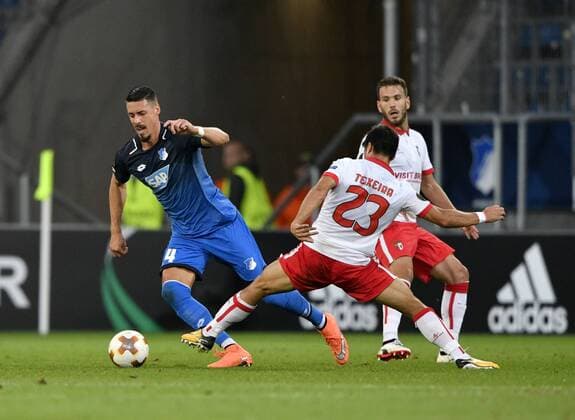 duel Action shot Sandro Wagner TSG 1899 Hoffenheim against Joao Carlos Teixeira Sporting Braga TSG 1899 Hoffenheim vs Sporting SC Braga Europe League 14 09 2017 TSG 1899 Hoffenheim vs Sporting SC Braga