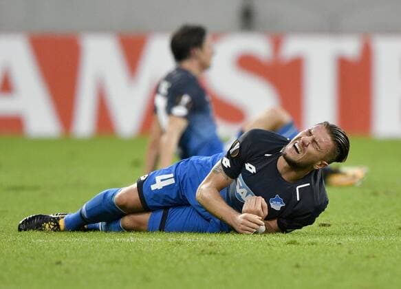 Ermin Bicakcic TSG 1899 Hoffenheim injured Injury at Bottom TSG 1899 Hoffenheim vs Sporting SC Braga Europe League 14 09 2017 TSG 1899 Hoffenheim vs Sporting SC Braga