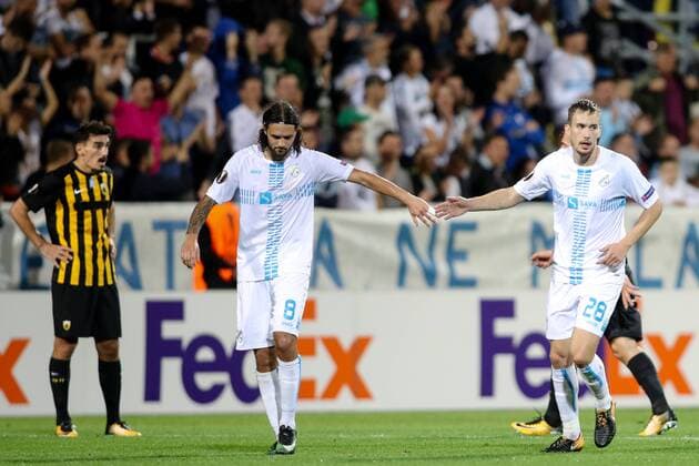 SOCCER - EL, Rijeka vs Athens RIJEKA,CROATIA,14.SEP.17 - SOCCER - UEFA Europa League, group stage, HNK Rijeka vs AEK Athens. Image shows the rejoicing of Leonard Zuta (Rijeka) an Filip Bradaric (Rijeka). GEPAxpictures xMaticxKlansek