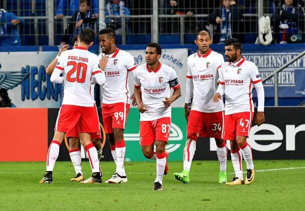 14 09 2017 xfux Football Europe League TSG 1899 Hoffenheim Sporting Braga emspor v l Joao Teixeira SC Sporting Braga and Players SC Sporting Braga goal celebration Goal Celebration Celebrate The Goal to 1 1 Sinsheim