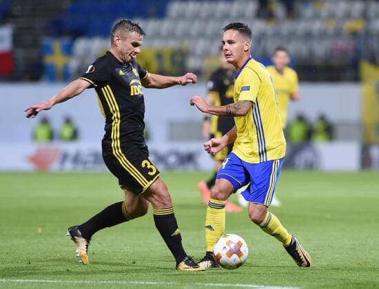 From left JOSIP BREZOVEC of Tiraspol and DANIEL HOLZER of Zlin in action during the Football Europa League 1st round group F match: Fastav Zlin vs Sheriff Tiraspol in Olomouc, Czech Republic, September 14, 2017. (CTKxPhoto LudekxPerina) CTKPhotoP201709140951901  LPE 002