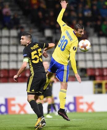 From left MATEO SUSIC of Tiraspol and VUKADIN VUKADINOVIC of Zlin in action during the Football Europa League 1st round group F match: Fastav Zlin vs Sheriff Tiraspol in Olomouc, Czech Republic, September 14, 2017. (CTKxPhoto LudekxPerina) CTKPhotoP201709140960701  LPE 005