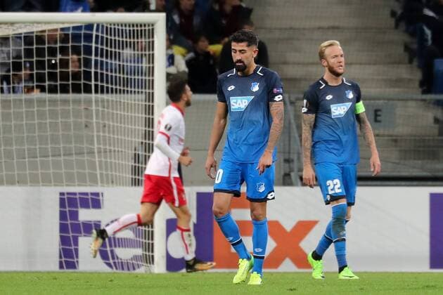 v left Kerem Demirbay Hoffenheim 10 Kevin Vogt Hoffenheim 22 disappointed looking Disappointment Frustration disappointed pessimistic Football UEFA Europe League TSG 1899 Hoffenheim SC Braga xozx