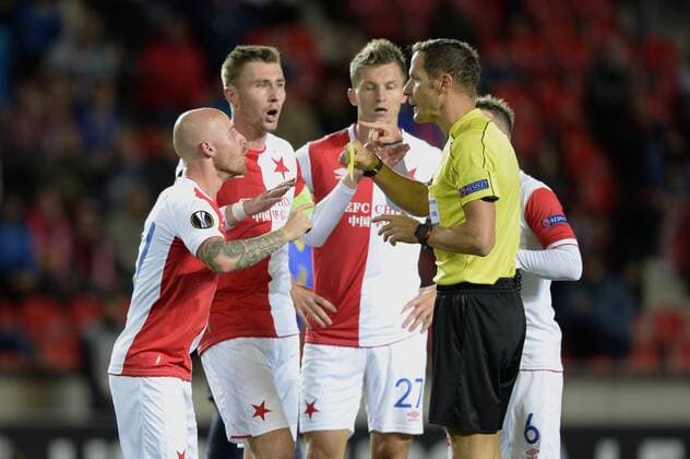 MIROSLAV STOCH of Slavia receives yellow card during the Football Europa League 1st round group A match: Slavia Praha vs Maccabi Tel Aviv in Prague, Czech Republic, September 14, 2017. (CTKxPhoto KaterinaxSulova) CTKPhotoP201709140969101  _SUK4781