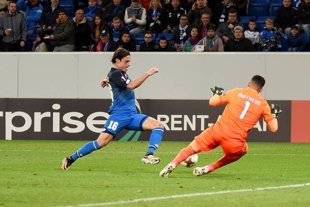 Nico Schulz TSG 1899 Hoffenheim Goalkeeper Matheus Lima Magalhaes Sporting Braga Germany Sinsheim Sports Football UEFA Europe League Matchday 1 TSG 1899 Hoffenheim vs Sporting Braga at 14 09 2017 Rhine Neckar Arena