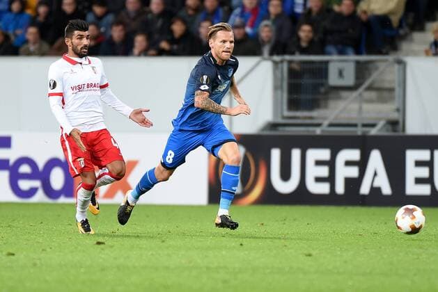 Ricardo Sousa Esgaio Sporting Braga Eugen Polanski TSG 1899 Hoffenheim Germany Sinsheim Sports Football UEFA Europe League Matchday 1 TSG 1899 Hoffenheim vs Sporting Braga at 14 09 2017 Rhine Neckar Arena