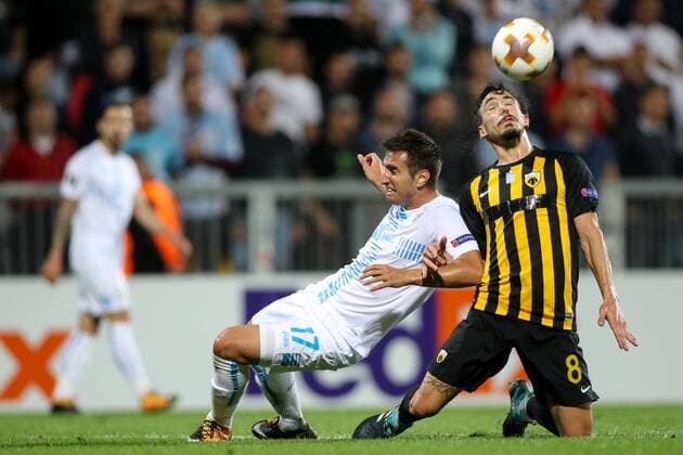 SOCCER - EL, Rijeka vs Athens RIJEKA,CROATIA,14.SEP.17 - SOCCER - UEFA Europa League, group stage, HNK Rijeka vs AEK Athens. Image shows Mario Gavranovic (Rijeka) and Andre Simoes (Athens). GEPAxpictures xMaticxKlansek