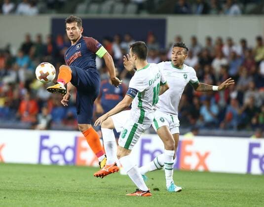 Emre Belozoglu of Basaksehir and Svetoslav Dyakov 18 of Ludogorets during the UEFA Europa League Group c match between Medipol Basaksehir and Ludogorets Razgrad at Fatih Terim Stadium in Istanbul , Turkey on September 14 , 2017. 