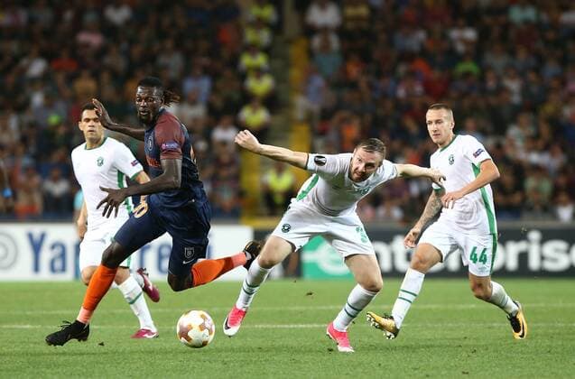 Emmanuel Adebayor of Basaksehir and Cosmin Moti , Jacek Goralski 44 of Ludogorets during the UEFA Europa League Group c match between Medipol Basaksehir and Ludogorets Razgrad at Fatih Terim Stadium in Istanbul , Turkey on September 14 , 2017. 