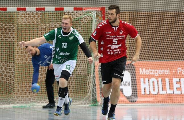 v left Felix Storbeck ASV Hamm Westphalia Patrick Gempp DJK Rimpar Wolves cheering Jan Brosch ASV Hamm Westphalia DKB 2 Handball Bundesliga DJK Rimpar Wolves ASV Hamm Westphalia xfsx