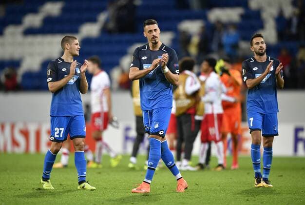 Andrej Kramaric TSG 1899 Hoffenheim Sandro Wagner TSG 1899 Hoffenheim and Lukas Rupp TSG 1899 Hoffenheim Thanks to at supporters Gesture Gesture TSG 1899 Hoffenheim vs Sporting SC Braga Europe League 14 09 2017 TSG 1899 Hoffenheim vs Sporting SC Braga