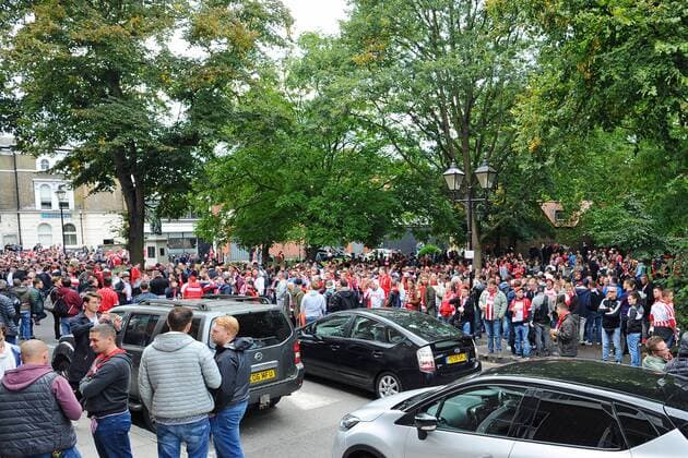 London England 14 09 2017 UEFA Europe League 2017 18 Season 1st Game Day FC Asera 1 FC Cologne supporters Cologne on the Way to her Meeting point in Highbury