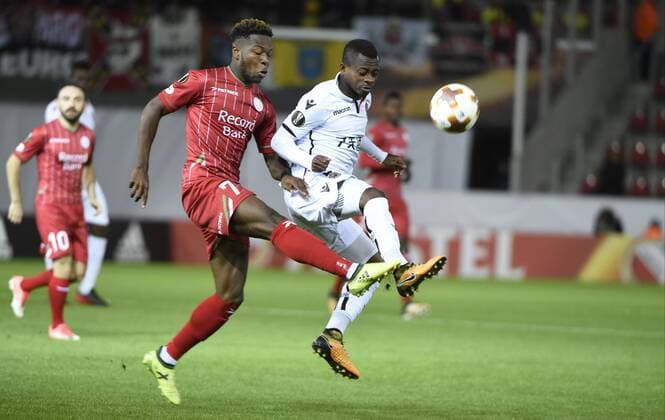 WAREGEM, BELGIUM - SEPTEMBER 14 : Aaron Leya Iseka forward of SV Zulte Waregem and qn9q during the UEFA Europa League, Group K stage match between SV Zulte Waregem and OGC Nice at the Regenboog stadium on September 14, 2017 in Waregem, Belgium, 14 09 2017 FOOTBALL : SV Zulte Waregem v OGC Nice : UEFA Europa League - 14 09 2017 PHOTONEWS PANORAMIC  775031117