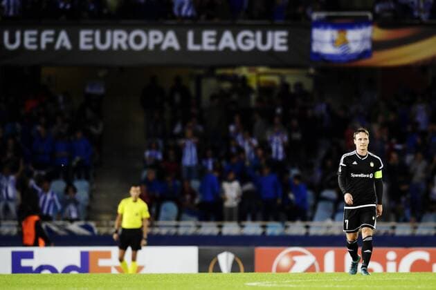 170914 Mike Jensen, of Rosenborg, looks dejected during the UEFA Europa League match between Real Sociedad and Rosenborg on September 14, 2017 in San Sebastian. Photo: Vegard Wivestad GrÃ¸tt BILDBYRAN kod VG 170013  Copyright: VEGARDxWIVESTADxGRÃ?TT BB170914BB425