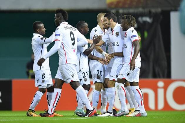 WAREGEM, BELGIUM - SEPTEMBER 14 : The players of OGC Nice celebrating scoring a goal during the UEFA Europa League, Group K stage match between SV Zulte Waregem and OGC Nice at the Regenboog stadium on September 14, 2017 in Waregem, Belgium, 14 09 2017 FOOTBALL : SV Zulte Waregem v OGC Nice : UEFA Europa League - 14 09 2017 PHOTONEWS PANORAMIC  775031117