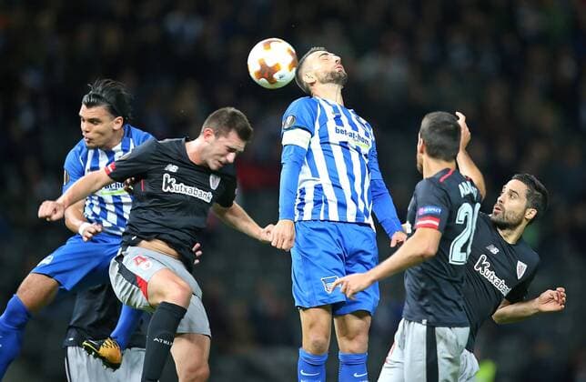 14 09 2017 Football UEFA Europe League 2017 2018 Group stage 1 Matchday Hertha BSC Berlin Athletic Bilbao in Olympic Stadium Berlin v l Karim Rekik Hertha BSC Berlin against Aymeric Laporte Athletic Bilbao Vedad Ibisevic Hertha BSC Berlin against Aritz Aduriz Athletic Bilbao Xabier Etxeita Athletic Bilbao