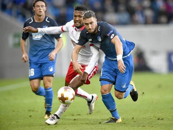duel Action shot Dyego Sousa Sporting Braga against Ermin Bicakcic TSG 1899 Hoffenheim right TSG 1899 Hoffenheim vs Sporting SC Braga Europe League 14 09 2017 TSG 1899 Hoffenheim vs Sporting SC Braga