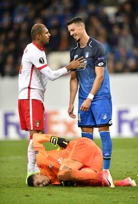Goalkeeper Victor Valdes FC Barcelona at Bottom with Raul Silva Sporting Braga left Sandro Wagner TSG 1899 Hoffenheim centre TSG 1899 Hoffenheim vs Sporting SC Braga Europe League 14 09 2017 TSG 1899 Hoffenheim vs Sporting SC Braga