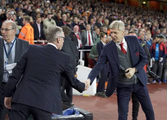 Arsenal v FC Cologne UEFA Champions League FC Cologne Head Coach Peter Stoger (left)and Arsene Wenger Manager of Arsenal shake hands before the during the UEFA Champions League match at the Emirates Stadium, London Content Not Available For UK Newspapers Copyright: xAlanxStanfordx FIL-10666-0016