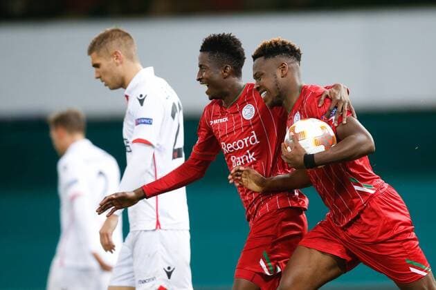 Essevee s Aaron Leya Iseka celebrates after scoring during a soccer game between Belgian team SV Zulte Waregem and French club OGC Nice, Thursday 14 September 2017 in Waregem, the first match of the group stage (Group K) of the Europa League tournament. BRUNOxFAHY  x05164587x
