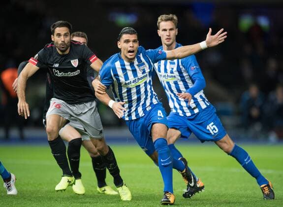 Vl Xabier Etxeita Bil Karim Rekik B and Sebastian Long Kamp B Football International UEFA Europe League Season 2017 2018 Group game Hertha BSC Berlin Athletic Club Bilbao in Olympic Stadium in Berlin Germany at 14 09 2017