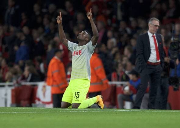 Arsenal v FC Cologne UEFA Champions League Jhon Cordoba of FC Cologne (15) celebrates after scoring the opening goal during the UEFA Champions League match at the Emirates Stadium, London Content Not Available For UK Newspapers Copyright: xAlanxStanfordx FIL-10666-0022