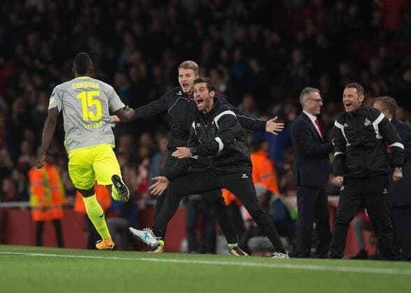 Jhon C—rdoba of FC Colgne celebrates scoring the opening goal during the UEFA Europa League group stage match between Arsenal and FC Cologne at the Emirates Stadium, London, England on 14 September 2017. Copyright: xVincexMignottx 16660007