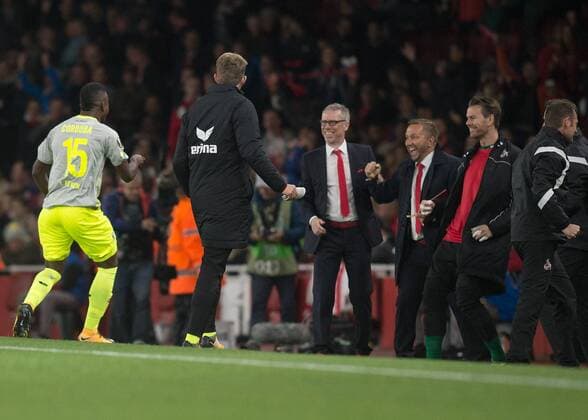 Jhon C—rdoba of FC Colgne celebrates scoring the opening goal during the UEFA Europa League group stage match between Arsenal and FC Cologne at the Emirates Stadium, London, England on 14 September 2017. Copyright: xVincexMignottx 16660008