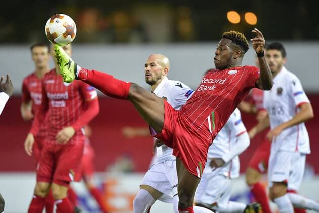 WAREGEM, BELGIUM - SEPTEMBER 14 : Aaron Leya Iseka forward of SV Zulte Waregem controls the ball during the UEFA Europa League, Group K stage match between SV Zulte Waregem and OGC Nice at the Regenboog stadium on September 14, 2017 in Waregem, Belgium, 14 09 2017 FOOTBALL : SV Zulte Waregem v OGC Nice : UEFA Europa League - 14 09 2017 PHOTONEWS PANORAMIC  775031117