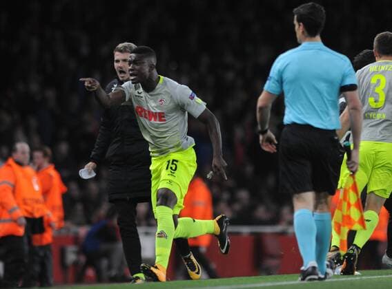 Football - 2017 2018 Europa League - Group H: Arsenal vs. FC Koln Jhon Cordoba of Koln celebrates scoring for the opening goal at The Emirates. COLORSPORT ANDREW COWIE 