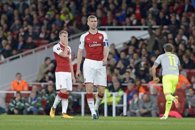 London England 14 09 2017 UEFA Europe League 2017 18 Season 1st Game Day FC Arsenal 1 FC Cologne Per Mertesacker Arsenal front disappointed DISAPPOINTED sad the 0 1 for Cologne