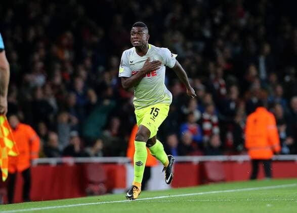 14th September 2017, Emirates Stadium, London, England; UEFA Europa League Group stage, Arsenal versus FC Cologne; Jhon Cordoba of FC Koln celebrates from a clearance mistake by Arsenal Goalkeeper David Ospina in the 9th minute, 0-1 FC Koln  ActionPlus11930019